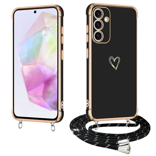 E-Lush Handyhülle für Samsung Galaxy A35 5G Hülle mit Band, Herz Love Muster Galvanik Silikon Handykette für Samsung A35 Schutzhülle mit Kordel zum Umhängen Kameraschutz Stoßfeste Case Schwarz von E-Lush