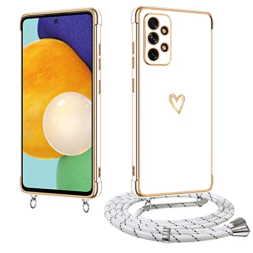 E-Lush Handyhülle für Samsung Galaxy A52 4G / 5G / A52S 5G Hülle mit Band, Herz Love Muster Galvanik Silikon Handykette für Samsung A52 / A52S 5G Schutzhülle mit Kordel zum Umhängen Kameraschutz, Weiß von E-Lush