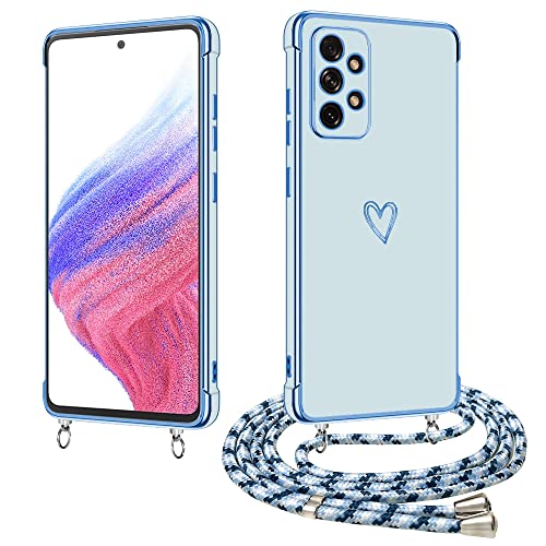 E-Lush Handyhülle für Samsung Galaxy A53 5G Hülle mit Band, Herz Love Muster Galvanik Silikon Handykette für Samsung A53 5G Schutzhülle mit Kordel zum Umhängen Kameraschutz Stoßfeste Case, Blau von E-Lush