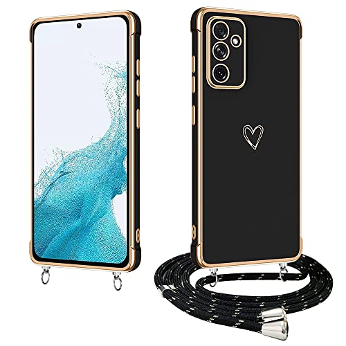 E-Lush Handyhülle für Samsung Galaxy A54 5G Hülle mit Band, Herz Love Muster Galvanik Silikon Handykette für Samsung A54 5G Schutzhülle mit Kordel zum Umhängen Kameraschutz Stoßfeste Case Schwarz von E-Lush