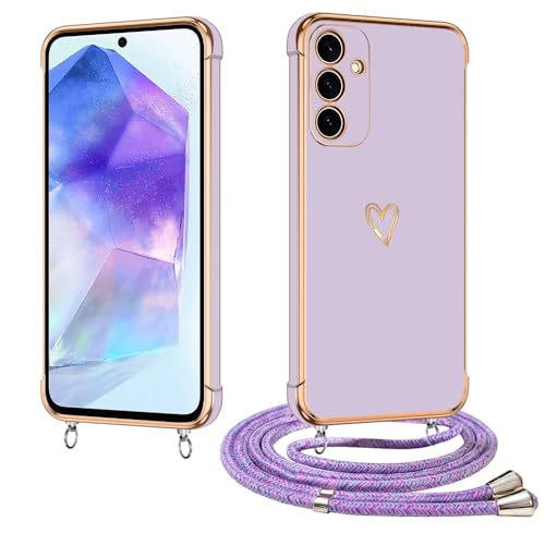 E-Lush Handyhülle für Samsung Galaxy A55 5G Hülle mit Band, Herz Love Muster Galvanik Silikon Handykette für Samsung A55 Schutzhülle mit Kordel zum Umhängen Kameraschutz Stoßfeste Case, Lila von E-Lush