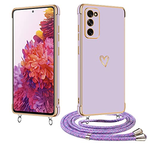 E-Lush Handyhülle für Samsung Galaxy S20 FE Hülle mit Band, Herz Love Muster Galvanik Silikon Handykette für Samsung S20 FE Schutzhülle mit Kordel zum Umhängen Kameraschutz Stoßfeste Case, Lila von E-Lush