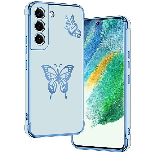 E-Lush Handyhülle für Samsung Galaxy S21 FE Hülle Schmetterling Muster Mädchen Galvanisierte Schutzhülle für Samsung S21 FE Hülle Dünn Weich TPU Silikon Stoßfeste Case mit Kameraschutz, Blau von E-Lush