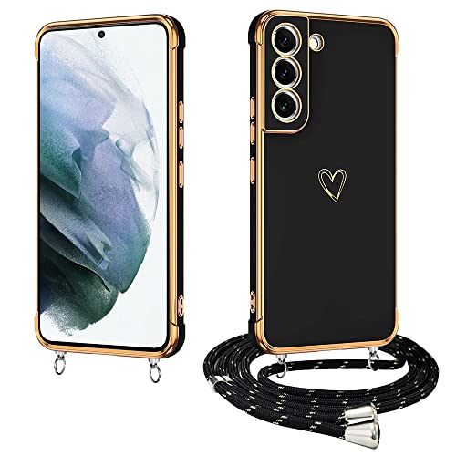 E-Lush Handyhülle für Samsung Galaxy S21 FE Hülle mit Band, Herz Love Muster Galvanik Silikon Handykette für Samsung S21 FE 5G Schutzhülle mit Kordel zum Umhängen Kameraschutz Stoßfeste Case, Schwarz von E-Lush