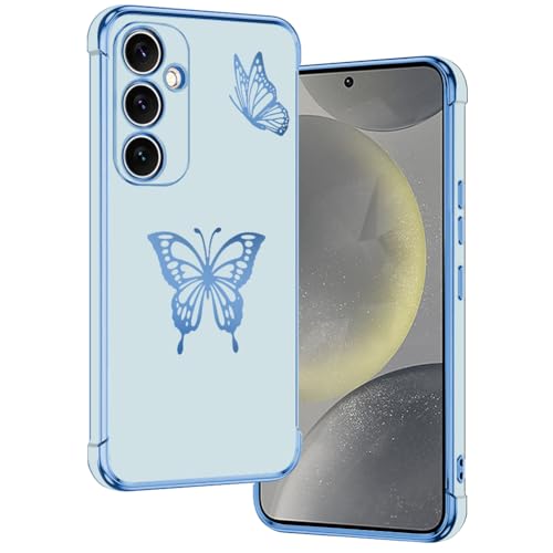 E-Lush Handyhülle für Samsung Galaxy S24 Hülle Schmetterling Muster Mädchen Galvanisierte Schutzhülle für Samsung S24 Hülle Dünn Weich TPU Silikon Stoßfeste Case mit Kameraschutz, Blau von E-Lush