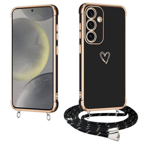 E-Lush Handyhülle für Samsung Galaxy S24 Hülle mit Band, Herz Love Muster Galvanik Silikon Handykette für Samsung S24 Schutzhülle mit Kordel zum Umhängen Kameraschutz Stoßfeste Case, Schwarz von E-Lush