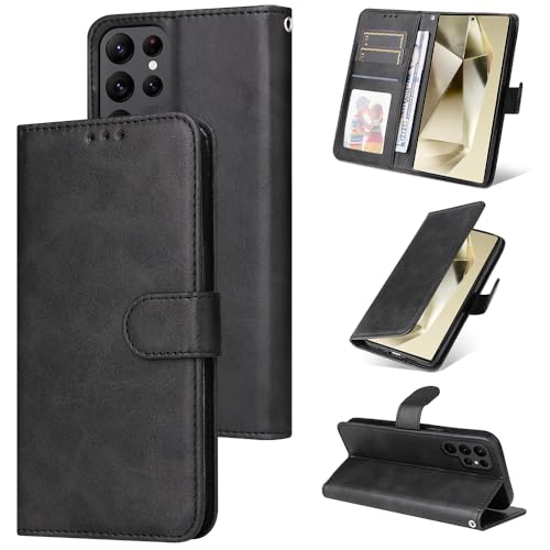 E-Lush Handyhülle für Samsung Galaxy S24 Ultra Hülle Leder PU, Magnet Klapphülle für Samsung S24 Ultra Hülle Flip Wallet Kartenfach 360 Stoßfeste Schutzhülle für S24 Ultra Hülle Ständer, Schwarz von E-Lush