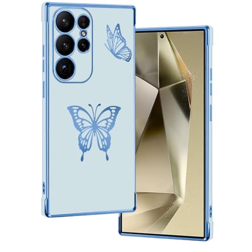 E-Lush Handyhülle für Samsung Galaxy S24 Ultra Hülle Schmetterling Muster Mädchen Galvanisierte Schutzhülle für Samsung S24 Ultra Hülle Dünn Weich TPU Silikon Stoßfeste Case mit Kameraschutz, Blau von E-Lush