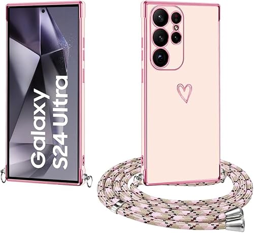 E-Lush Handyhülle für Samsung Galaxy S24 Ultra Hülle mit Band, Herz Love Muster Galvanik Silikon Handykette für Samsung S24 Ultra Schutzhülle mit Kordel zum Umhängen Kameraschutz Case Roségold von E-Lush