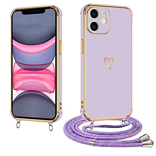 E-Lush Handyhülle für iPhone 11 Hülle mit Band, Herz Love Muster Galvanik Silikon Handykette für iPhone 11 6.1 Zoll Schutzhülle mit Kordel zum Umhängen Kameraschutz Stoßfeste Case, Lila von E-Lush