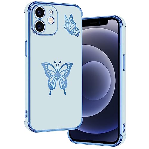 E-Lush Handyhülle für iPhone 12 Hülle Schmetterling Muster Mädchen Galvanisierte Schutzhülle für iPhone 12 6.1" Hülle Dünn Weich TPU Silikon Stoßfeste Case mit Kameraschutz, Blau von E-Lush