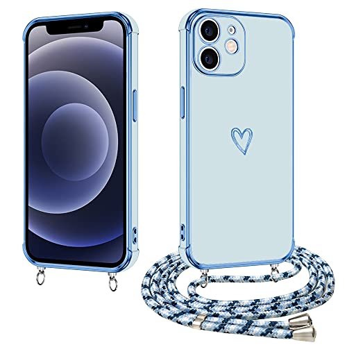 E-Lush Handyhülle für iPhone 12 Hülle mit Band, Herz Love Muster Galvanik Silikon Handykette für iPhone 12 6.1 Zoll Schutzhülle mit Kordel zum Umhängen Kameraschutz Stoßfeste Case, Blau von E-Lush