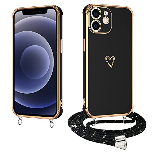 E-Lush Handyhülle für iPhone 12 Hülle mit Band, Herz Love Muster Galvanik Silikon Handykette für iPhone 12 6.1 Zoll Schutzhülle mit Kordel zum Umhängen Kameraschutz Stoßfeste Case, Schwarz von E-Lush