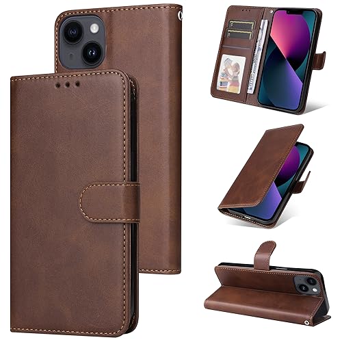 E-Lush Handyhülle für iPhone 13 Hülle Leder PU, Magnet Klapphülle Flip Wallet Kartenfach 360 Stoßfeste Schutzhülle für iPhone 13 Hülle mit Standfunktion, Braun von E-Lush