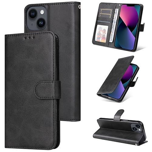 E-Lush Handyhülle für iPhone 13 Hülle Leder PU, Magnet Klapphülle Flip Wallet Kartenfach 360 Stoßfeste Schutzhülle für iPhone 13 Hülle mit Standfunktion, Schwarz von E-Lush