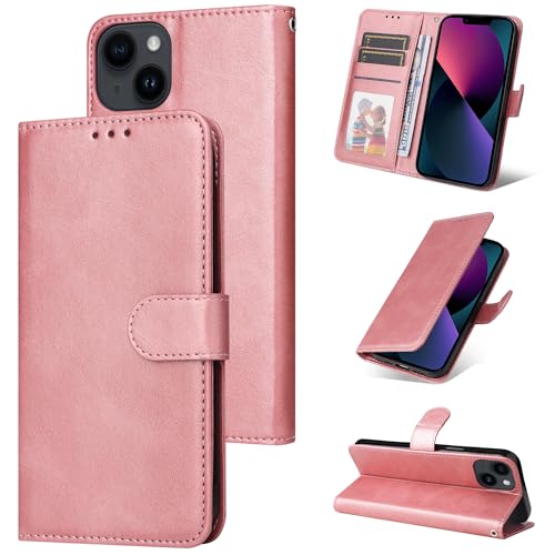 E-Lush Handyhülle für iPhone 13 Hülle Leder PU, Magnetisch Klapphülle Flip Wallet Kartenfach 360 Stoßfeste Schutzhülle für iPhone 13 Hülle mit Standfunktion, Roségold von E-Lush