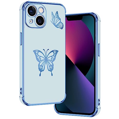 E-Lush Handyhülle für iPhone 13 Hülle Schmetterling Muster Mädchen Galvanisierte Schutzhülle für iPhone 13 6.1" Hülle Dünn Weich TPU Silikon Stoßfeste Case mit Kameraschutz, Blau von E-Lush