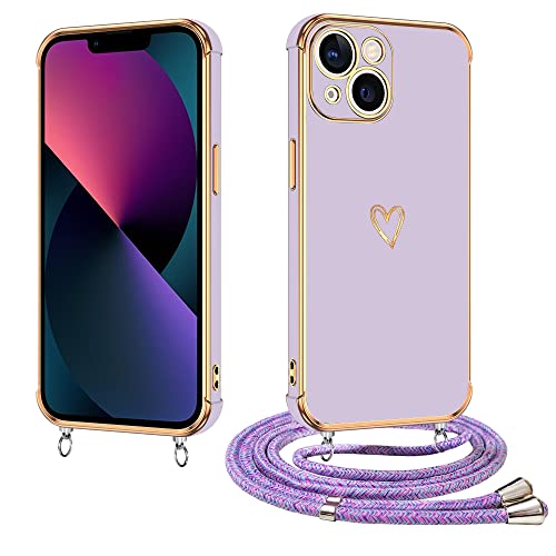 E-Lush Handyhülle für iPhone 13 Mini Hülle mit Band, Herz Love Muster Galvanik Silikon Handykette für iPhone 13 Mini 5.4 Zoll Schutzhülle mit Kordel zum Umhängen Kameraschutz Stoßfeste Case, Lila von E-Lush