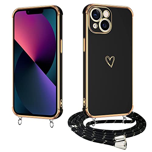 E-Lush Handyhülle für iPhone 13 Mini Hülle mit Band, Herz Love Muster Galvanik Silikon Handykette für iPhone 13 Mini 5.4 Zoll Schutzhülle mit Kordel zum Umhängen Kameraschutz Stoßfeste Case, Schwarz von E-Lush