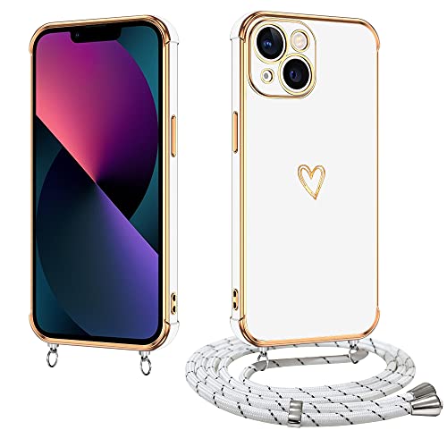 E-Lush Handyhülle für iPhone 13 Mini Hülle mit Band, Herz Love Muster Galvanik Silikon Handykette für iPhone 13 Mini 5.4 Zoll Schutzhülle mit Kordel zum Umhängen Kameraschutz Stoßfeste Case, Weiß von E-Lush