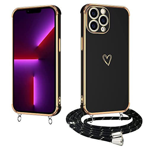 E-Lush Handyhülle für iPhone 13 Pro Hülle mit Band, Herz Love Muster Galvanik Silikon Handykette für iPhone 13 Pro 6.1 Zoll Schutzhülle mit Kordel zum Umhängen Kameraschutz Stoßfeste Case, Schwarz von E-Lush