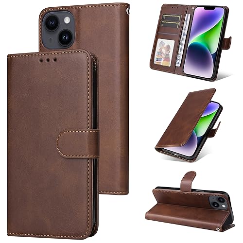 E-Lush Handyhülle für iPhone 14 Hülle Leder PU, Magnet Klapphülle Flip Wallet Kartenfach 360 Stoßfeste Schutzhülle für iPhone 14 Hülle mit Standfunktion, Braun von E-Lush