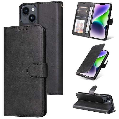 E-Lush Handyhülle für iPhone 14 Hülle Leder PU, Magnet Klapphülle Flip Wallet Kartenfach 360 Stoßfeste Schutzhülle für iPhone 14 Hülle mit Standfunktion, Schwarz von E-Lush