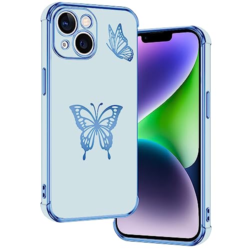 E-Lush Handyhülle für iPhone 14 Hülle Schmetterling Muster Mädchen Galvanisierte Schutzhülle für iPhone 14 6.1" Hülle Dünn Weich TPU Silikon Stoßfeste Case mit Kameraschutz, Blau von E-Lush