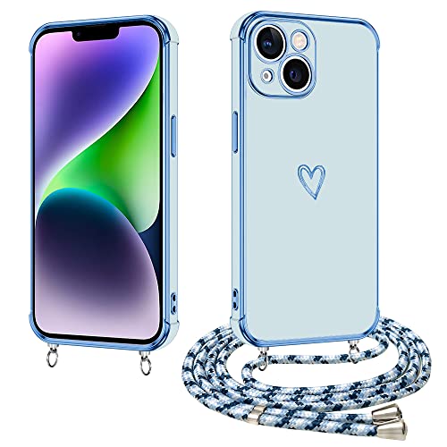 E-Lush Handyhülle für iPhone 14 Hülle mit Band, Herz Love Muster Galvanik Silikon Handykette für iPhone 14 6.1 Zoll Schutzhülle mit Kordel zum Umhängen Kameraschutz Stoßfeste Case, Blau von E-Lush