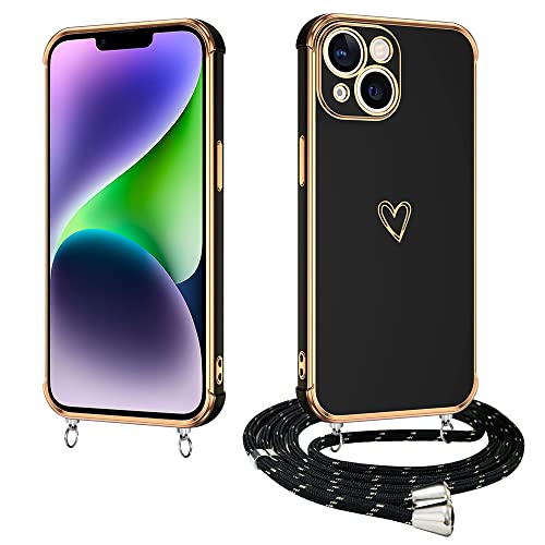 E-Lush Handyhülle für iPhone 14 Hülle mit Band, Herz Love Muster Galvanik Silikon Handykette für iPhone 14 6.1 Zoll Schutzhülle mit Kordel zum Umhängen Kameraschutz Stoßfeste Case, Schwarz von E-Lush