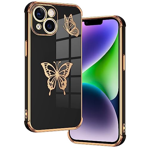 E-Lush Handyhülle für iPhone 14 Plus Hülle Schmetterling Muster Mädchen Galvanisierte Schutzhülle für iPhone 14 Plus 6.7" Hülle Dünn Weich TPU Silikon Stoßfeste Case mit Kameraschutz, Schwarz von E-Lush