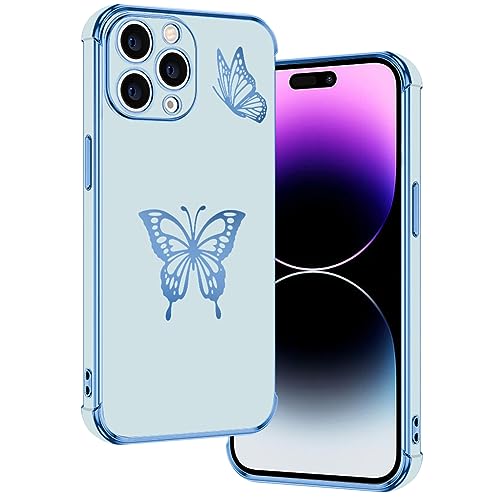 E-Lush Handyhülle für iPhone 14 Pro Hülle Schmetterling Muster Mädchen Galvanisierte Schutzhülle für iPhone 14 Pro 6.1" Hülle Dünn Weich TPU Silikon Stoßfeste Case mit Kameraschutz, Blau von E-Lush