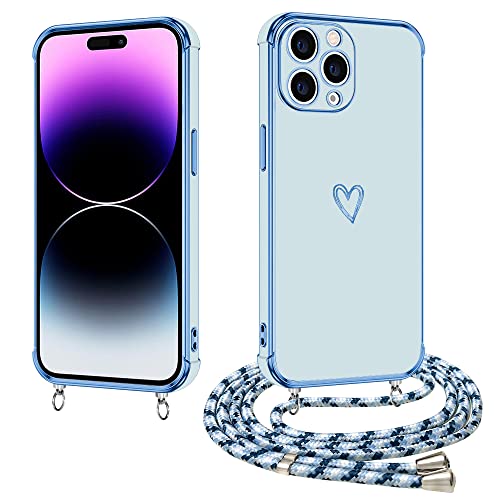 E-Lush Handyhülle für iPhone 14 Pro Hülle mit Band, Herz Love Muster Galvanik Silikon Handykette für iPhone 14 Pro 6.1 Zoll Schutzhülle mit Kordel zum Umhängen Kameraschutz Stoßfeste Case, Blau von E-Lush