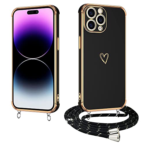 E-Lush Handyhülle für iPhone 14 Pro Max Hülle mit Band, Herz Love Muster Galvanik Silikon Handykette für iPhone 14 Pro Max 6.7" Schutzhülle mit Kordel zum Umhängen Kameraschutz Stoßfeste Case, Schwarz von E-Lush