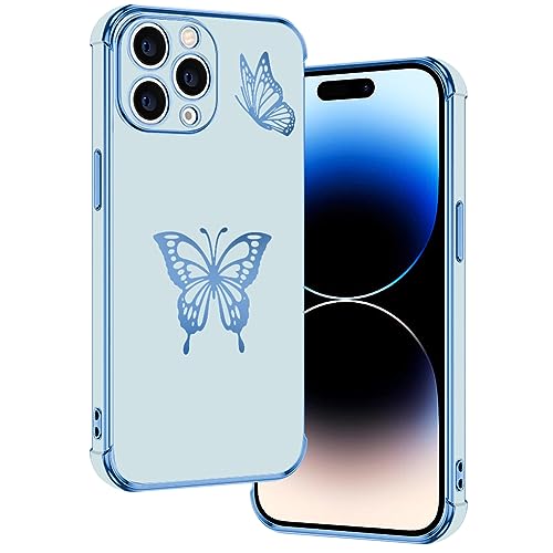 E-Lush Handyhülle für iPhone 15 Hülle Schmetterling Muster Mädchen Galvanisierte Schutzhülle für iPhone 15 6.1" Hülle Dünn Weich TPU Silikon Stoßfeste Case mit Kameraschutz, Blau von E-Lush
