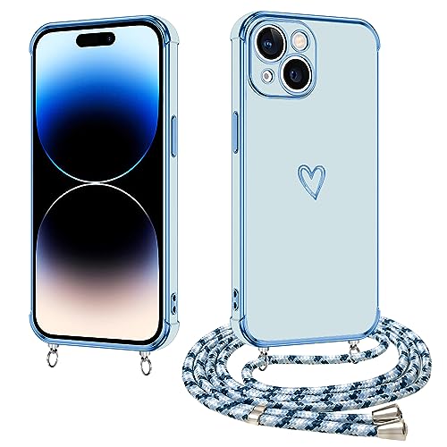 E-Lush Handyhülle für iPhone 15 Hülle mit Band, Herz Love Muster Galvanik Silikon Handykette für iPhone 15 Schutzhülle mit Kordel zum Umhängen Kameraschutz Stoßfeste Case, Blau von E-Lush