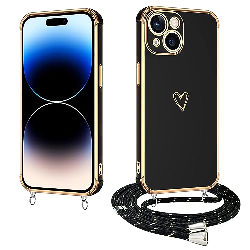 E-Lush Handyhülle für iPhone 15 Hülle mit Band, Herz Love Muster Galvanik Silikon Handykette für iPhone 15 Schutzhülle mit Kordel zum Umhängen Kameraschutz Stoßfeste Case, Schwarz von E-Lush