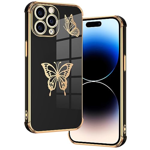 E-Lush Handyhülle für iPhone 15 Pro Hülle Schmetterling Muster Mädchen Galvanisierte Schutzhülle für iPhone 15 Pro 6.1" Hülle Dünn Weich TPU Silikon Stoßfeste Case mit Kameraschutz, Schwarz von E-Lush