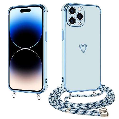 E-Lush Handyhülle für iPhone 15 Pro Hülle mit Band, Herz Love Muster Galvanik Silikon Handykette für iPhone 15 Pro Schutzhülle mit Kordel zum Umhängen Kameraschutz Stoßfeste Case, Blau von E-Lush