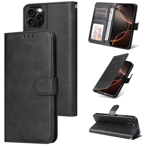 E-Lush Handyhülle für iPhone 16 Pro Max Hülle Leder, Schutzhülle für iPhone 16 Pro Max mit Standfunktion Kartenfach Klapphülle 360 Stoßfeste RFID-Blockierung Wallet Flip Case, Schwarz von E-Lush