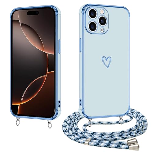 E-Lush Handyhülle für iPhone 16 Pro Max Hülle mit Band, Herz Love Muster Galvanik Silikon Handykette für iPhone 16 Pro Max Schutzhülle mit Kordel zum Umhängen Kameraschutz Stoßfeste Case, Blau von E-Lush