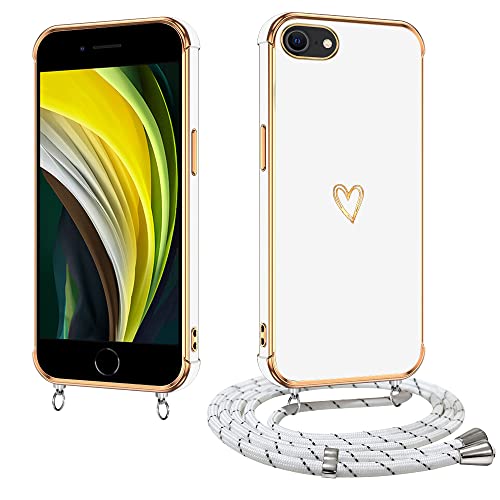 E-Lush Handyhülle für iPhone SE 2020/ iPhone SE 2022/ iPhone 7/ iPhone 8 Hülle mit Band, Herz Love Muster Galvanik Silikon Handykette Schutzhülle mit Kordel zum Umhängen Kameraschutz Case, Weiß von E-Lush