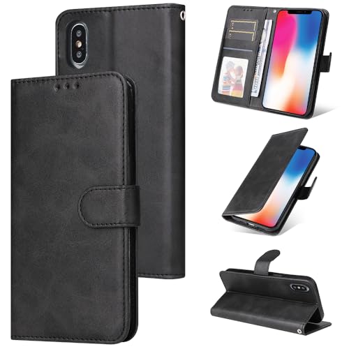 E-Lush Handyhülle für iPhone X/XS / 10 Hülle Leder PU, Magnet Klapphülle für iPhone XS Hülle Flip Wallet Kartenfach 360 Stoßfeste Schutzhülle für iPhone X Hülle mit Standfunktion, Schwarz von E-Lush