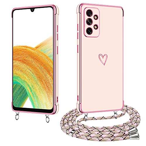 E-Lush Handykette für Samsung Galaxy A33 5G Hülle mit Band, Handyhülle für Samsung A33 5G mit Kette Schutzhülle Herz Love Muster Galvanik Silikon Stossfest Case mit Kordel zum Umhängen, Roségold von E-Lush