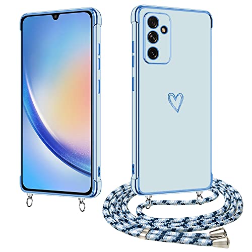 E-Lush Handykette für Samsung Galaxy A34 5G Hülle mit Band, Handyhülle für Samsung A34 5G mit Kette Schutzhülle Herz Love Muster Galvanik Silikon Stossfest Case mit Kordel zum Umhängen, Blau von E-Lush