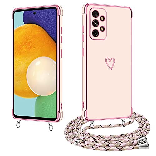 E-Lush Handykette für Samsung Galaxy A52 5G / 4G / A52s 5G Hülle mit Band, Herz Muster Galvanik Silikon Handyhülle mit Kette Kameraschutz Schutzhülle Stossfest Case mit Kordel zum Umhängen, Roségold von E-Lush