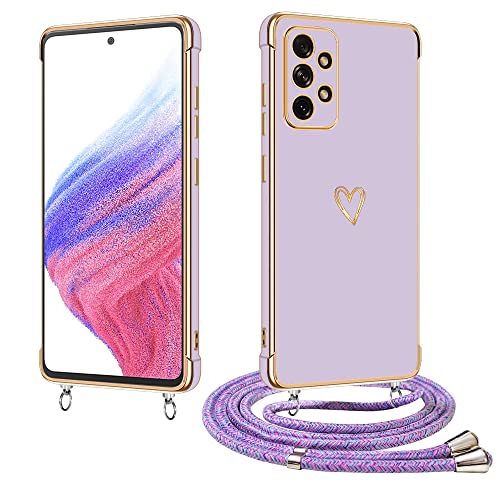 E-Lush Handykette für Samsung Galaxy A53 5G Hülle mit Band, Handyhülle für Samsung A53 5G mit Kette Kameraschutz Schutzhülle Herz Muster Galvanik Silikon Stossfest Case mit Kordel zum Umhängen, Lila von E-Lush