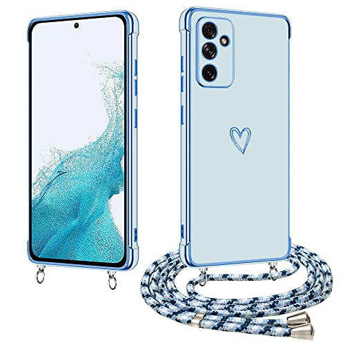 E-Lush Handykette für Samsung Galaxy A54 5G Hülle mit Band, Handyhülle mit Kette Schutzhülle Herz Love Muster Galvanik Silikon Stossfest Case mit Kordel zum Umhängen, Blau von E-Lush