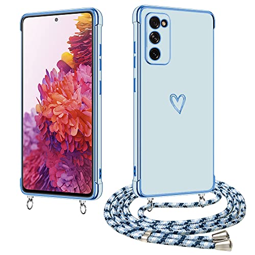 E-Lush Handykette für Samsung Galaxy S20 FE Hülle mit Band, Handyhülle für Samsung S20 FE mit Kette Schutzhülle Herz Muster Galvanik Silikon Stossfest Case mit Kordel zum Umhängen, Blau von E-Lush