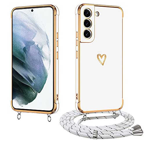 E-Lush Handykette für Samsung Galaxy S22 Hülle mit Band, Handyhülle für Samsung S22 mit Kette Schutzhülle Herz Love Muster Galvanik Silikon Stossfest Case mit Kordel zum Umhängen, Weiß von E-Lush